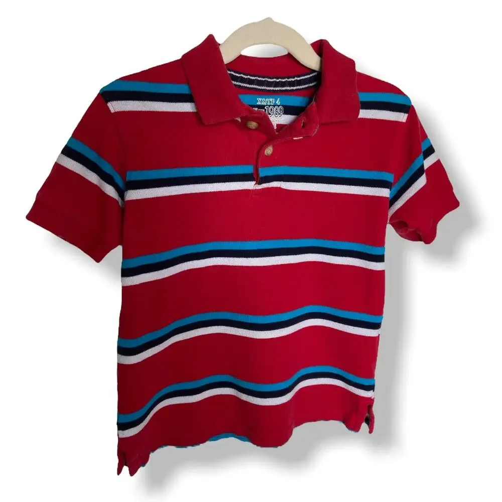 Children's Place‎ Boys Polo Shirt Size XS 4 Red Navy Blue White Striped Pique